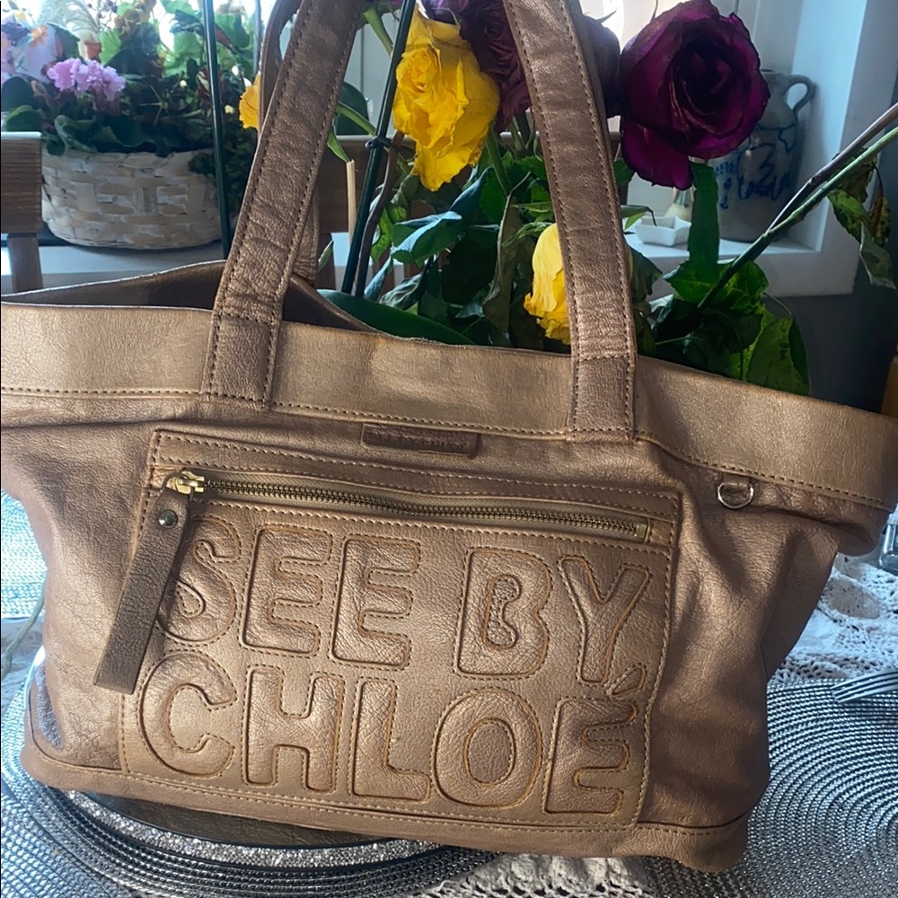 See By Chloe Gold Tote with Embossed Logo